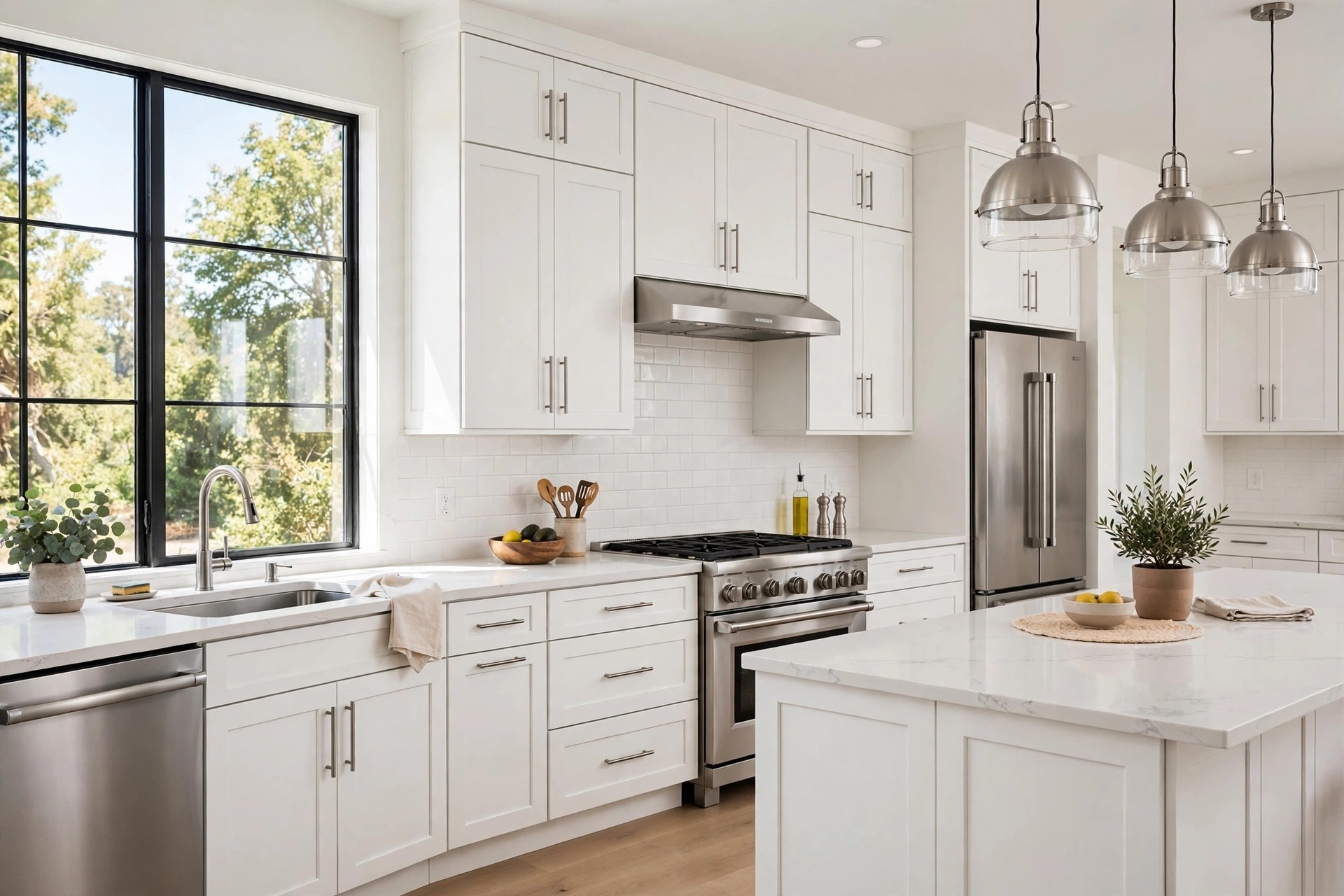 Freshly painted white shaker kitchen cabinets with a smooth sprayed finish in Fairfax, VA